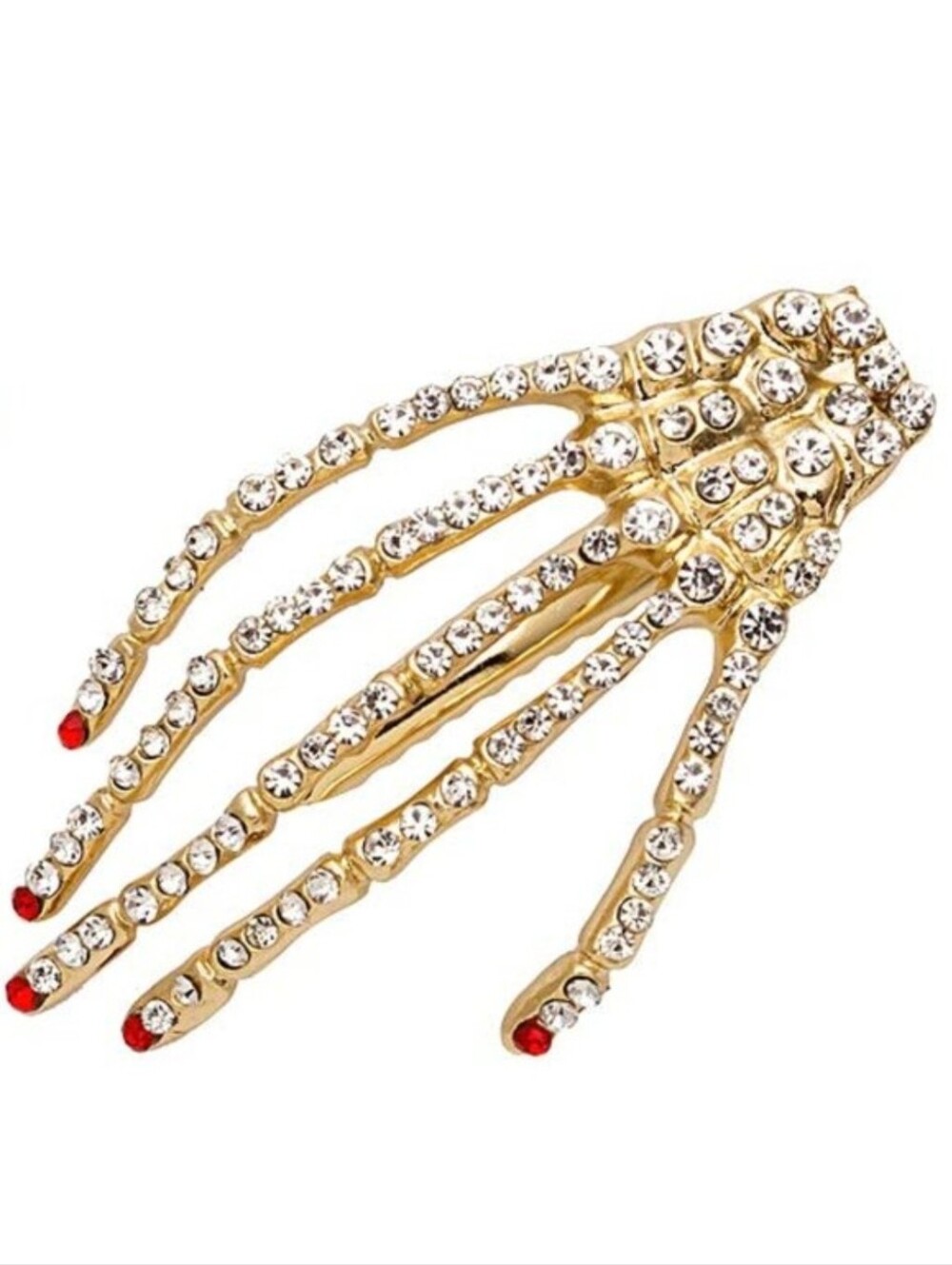 Gold Pave Goth Glam Rhinestone Red Fingernails Skeleton Hand Hair Clip